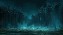 A Forest Filled With Lots Of Tall Trees Under A Sky Filled With Stars And A Light At The End Of The Forest.