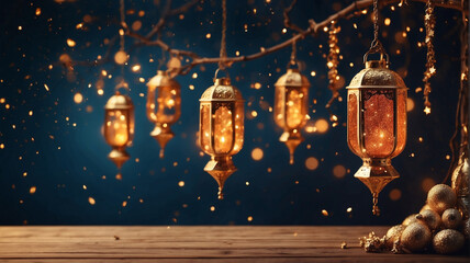 Wall Mural - Arabic lantern of Ramadan celebration day or eid al fitr adha, copy space text area background