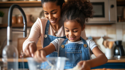 Poster - woman and a young girl are smiling and baking together in a home kitchen.