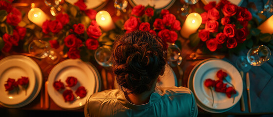 A person at a dinner table with red roses on the table, romantic atmosphere