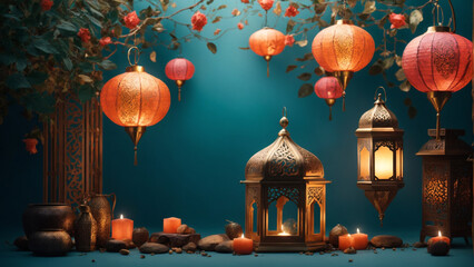 Wall Mural - Arabic lantern of Ramadan celebration day or eid al fitr adha, copy space text area background