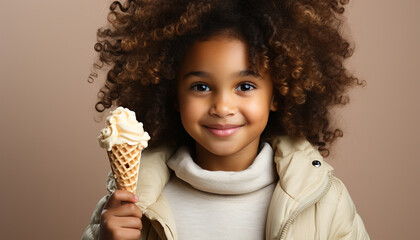 Wall Mural - Smiling girl holding ice cream, enjoying sweet childhood happiness generated by AI