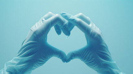 Wall Mural - two hands wearing blue latex gloves forming the shape of a heart against a blue background.