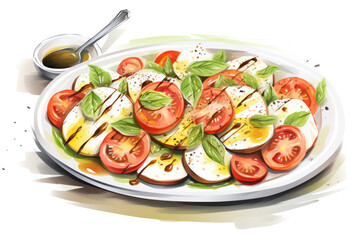Wall Mural - Delicious Caprese Salad with Fresh Basil, Mozzarella Cheese, and Tomato on a White Plate - Healthy Italian Appetizer with Vegetables, Green Leaf, and Red Organic Cuisine.
