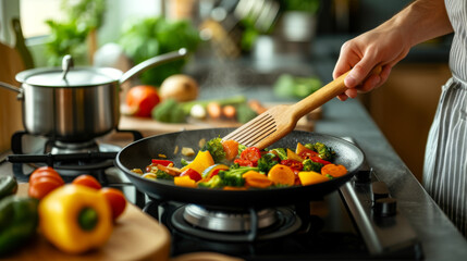 Sticker - A person is cooking a stir fry with colorful vegetables in a wok on a stove, using a wooden spatula.