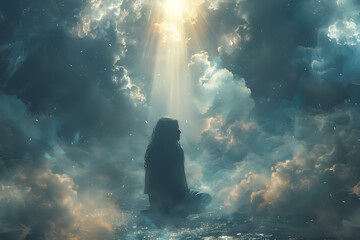 a man kneels and prays, hands folded and raised, and a ray of light falls from the sky
