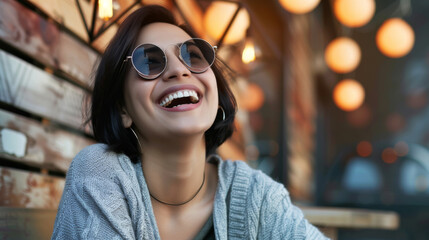 Canvas Print - A cheerful young woman wearing round glasses and a casual sweater is laughing heartily while sitting in a caf?.