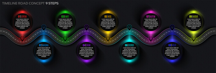 Timeline infographic 9 steps timeline concept. Winding road.