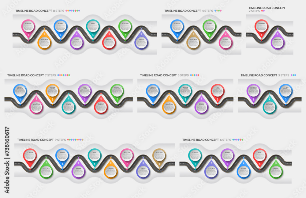 Isometric navigation map infographic 2-9 steps timeline concept ...