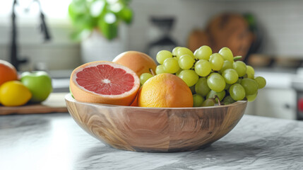 Sticker - A wooden bowl filled with various fresh fruits including a halved grapefruit, grapes, an orange, a green apple, and a lemon on a marble kitchen countertop.