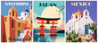 Set of Travel Destination Posters in retro style. Santorini, Greece, Mexico, Japan Tokyo prints. Exotic summer vacation, tourism, International holidays concept. Vintage vector colorful illustrations.