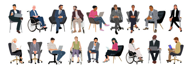 Wall Mural - Diverse Business people sitting, taking part in meeting, business event. Set of Different men, women, disabled person in armchair, wheelchair. Inclusive business concept. Vector illustration isolated.