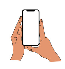 Wall Mural - Hands holding mobile phone. Fingers touching, scrolling smartphone screen, using applications. Empty screen, phone mockup. Flat vector illustration isolated on transparent background.