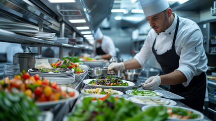 A chef is cooking dishes with natural ingredients in a restaurant kitchen