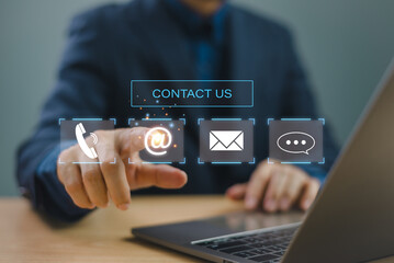 Contact us banner background concept. Customer work page support, business web technology icon service connect people, email, address, live chat message and call phone. Company website info network