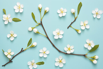 Wall Mural - Fresh white blossoms, flowers and branches on pastel blue background