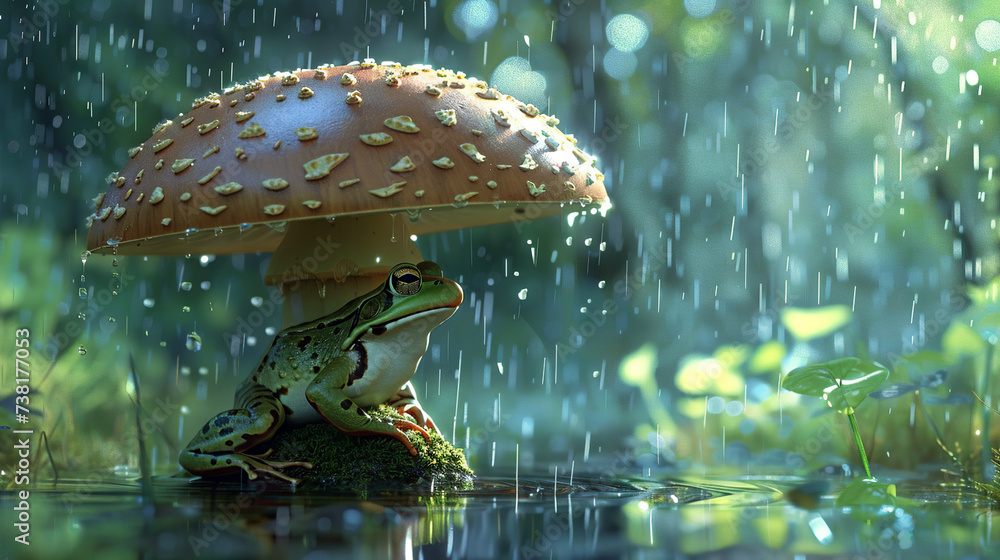 Illustration Stock A serene frog shelters under a large mushroom as ...