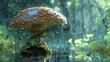 A serene frog shelters under a large mushroom as rain gently falls around it, creating a peaceful scene in a vibrant, lush forest setting.Animal behavior concept. AI generated.