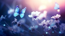 Beautiful Spring  Background With Blue Butterfly In Flight And Flowers Anemones In Forest On Nature. Delicate Elegant Dreamy Airy Artistic Image Harmony Of Nature