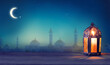 Ramadan lantern shines at night. Islamic greeting Eid Mubarak cards for Muslim Holidays..Arabic. Crescent moon and stars.