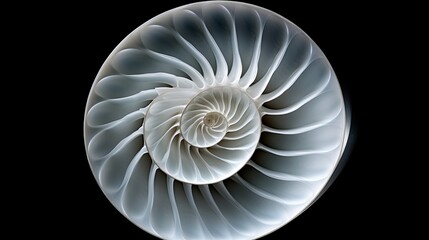 Detailed black and white photo of a halved shell of a chambered nautilus (Nautilus pompilius) shows beautiful spiral pattern. Isolated on white