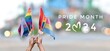 Happy Pride Month 2024 on rainbow flags raising background, concept for celebrations of LGBTQAI people in pride month, June, around the world.