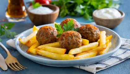 Wall Mural - Turkish Kofte. Meatballs and French fries in a plate