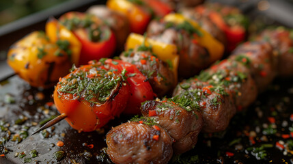 Closeup of skewers with meat and vegetables, a delicious finger food dish