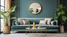 Metal, Round Coffee Tables And A Beige Sofa In A Green, Luxurious Living Room Interior With Marble Shelves And Golden Decorations