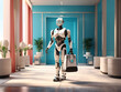 A broad sign depicting a robot butler or room service bringing luggage to a hotel room design.