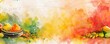 © Dennis - Wide watercolor illustration of Indian fruits and vegetation on warm background with copy space. Concept for holiday, celebration, Ugadi. For banner, advertisement, social network, news, card.