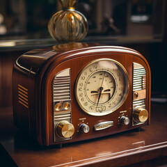 Sticker - Vintage radio on a table with dials and knobs.