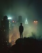 man standing ledge overlooking city night foggy environment depth blur random arts unconnected wanderer hollow