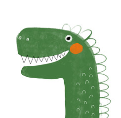 Wall Mural - Funny Dinosaur Portrait. Lovely Nursery Vector Art with Dino. Cute Hand Drawn Green Dragon on a White Background. Childish Drawing-like Print of Monster Ideal for Wall Art, Kids' Room Decoration. RGB.