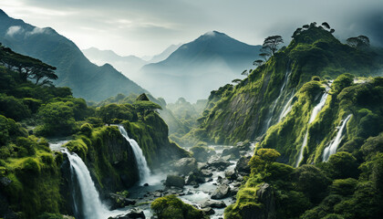 Poster - Majestic mountain peak, tranquil waterfall, flowing water, autumn hiking generated by AI