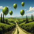 Oliven Ballons schweben über eine Landschaft in der Toskana, grüne Oliven, Zypressen, Italien, blauer Hilmmel, Straße