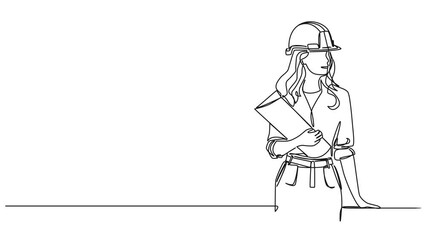 Wall Mural - animated continuous single line drawing of female architect or engineer with hardhat holding construction plans, line art animation