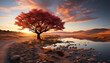 Tranquil sunset, reflecting beauty in nature, silhouettes tree on horizon generated by AI