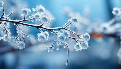 Wall Mural - Freshness of winter blue branch, close up of ice on leaf generated by AI