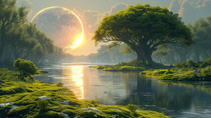 Wall Mural - landscape of an alien planet, view of another planet with fantastic trees, science fiction backgroun