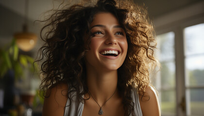 Poster - A beautiful woman with brown hair smiling indoors, looking carefree generated by AI