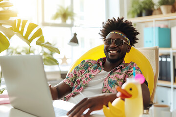 Wall Mural - Funny happy smiling African American man sitting at the desk on workplace at office with juice in a beach rubber ring and booking tickets for summer vacation online via laptop.