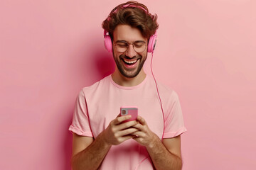 Canvas Print - Young man on pastel studio background uses mobile phone and noise cancellation headphones head set, listens to music, has good time, enjoys his favorite tracks