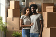 . Married smiling couple buys or rents new house. Real estate, relocation, own housing.