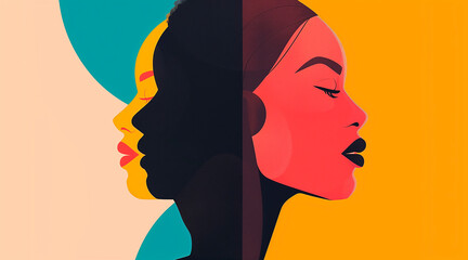 cross cultural, racial equality, multi ethical, diversity people. woman and man power, empowerment, tolerance, discrimination. wide banner background of human profile silhouette. women's Day