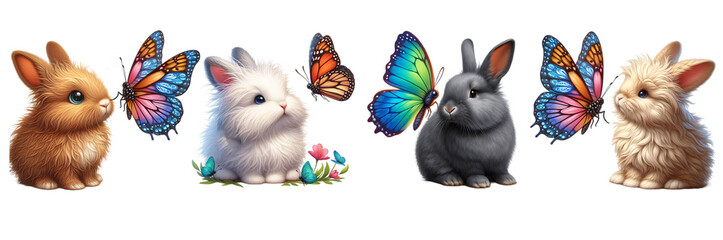 Set of Bunny & butterflies isolated on transparent or white background, png
