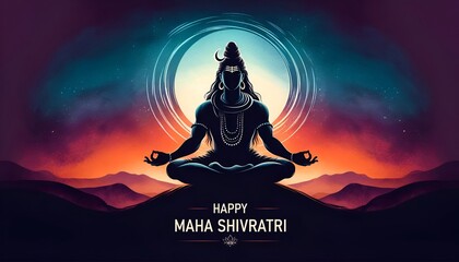 Wall Mural - Illustration of maha shivratri greeting card in watercolor style with silhouette of Lord Shiva meditating.
