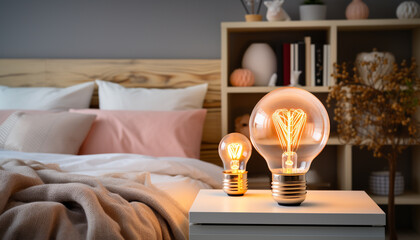 Poster - Modern bedroom with bright, illuminated lamp, cozy bed, and creative decor generated by AI