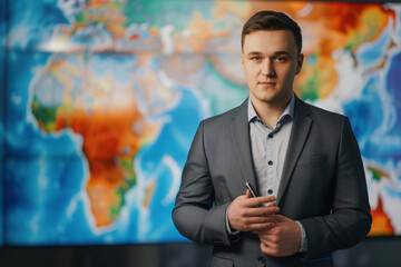 Wall Mural - professional anchor reporting on weather forecast against background with weather map in news studio