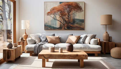 Canvas Print - Modern, elegant living room with comfortable sofa, wooden flooring, and bright decoration generated by AI